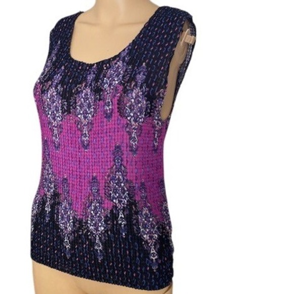 Vtg 90s Tank Top Shirt Crinkle Pleated Purple Black Paisley Textured - Picture 2 of 9
